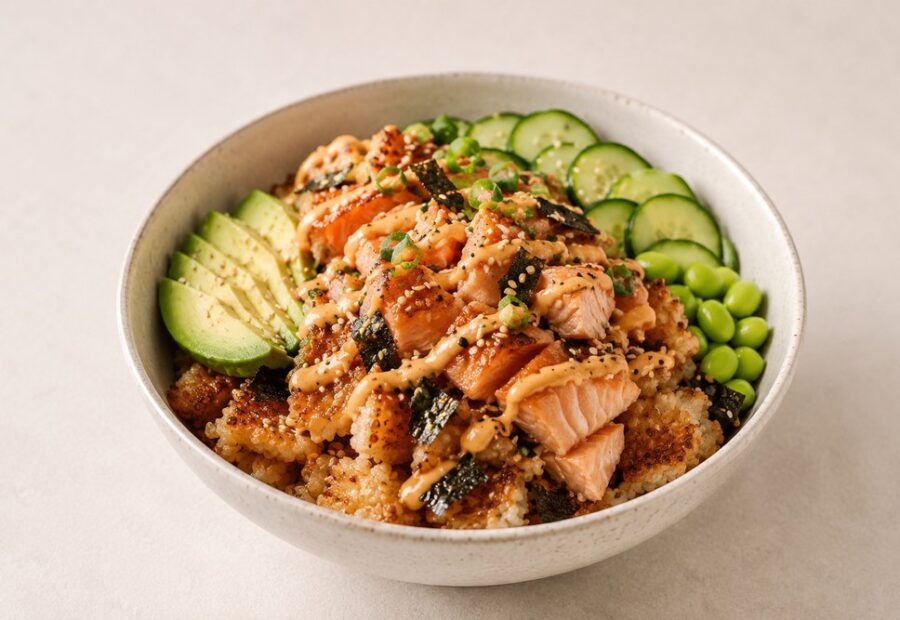 Crispy Rice Salmon Bowl - danie inspirowane przepisem Emily Mariko