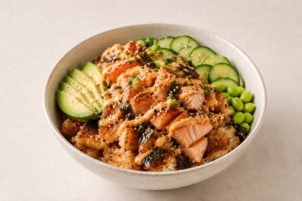 Crispy Rice Salmon Bowl - danie inspirowane przepisem Emily Mariko