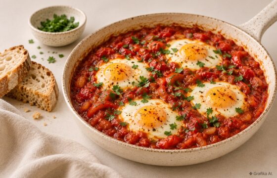 Shakshuka z czterema jajkami i gęstym sosem pomidorowo-paprykowym w jasnej patelni, podana z chlebem.