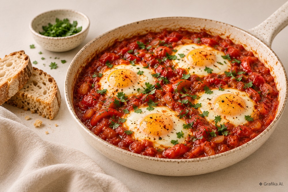 Shakshuka z czterema jajkami i gęstym sosem pomidorowo-paprykowym w jasnej patelni, podana z chlebem.