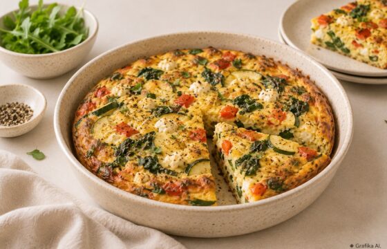 Pieczona frittata z cukinią, papryką, szpinakiem i fetą, pokrojona na porcje w ceramicznym naczyniu.