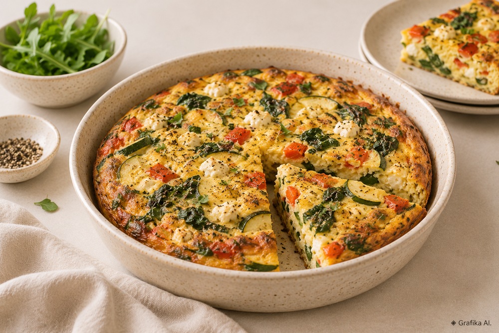 Pieczona frittata z cukinią, papryką, szpinakiem i fetą, pokrojona na porcje w ceramicznym naczyniu.