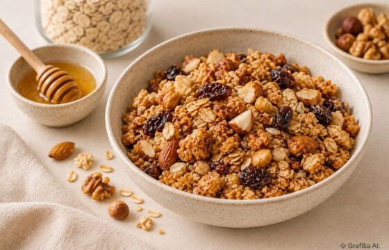 Domowa granola z płatków owsianych, orzechów i rodzynek w ceramicznej misce, obok miód.