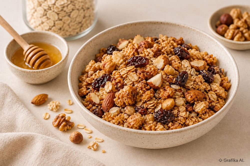 Domowa granola z płatków owsianych, orzechów i rodzynek w ceramicznej misce, obok miód.