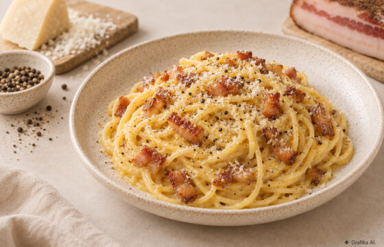 Spaghetti carbonara bez śmietany z guanciale, pecorino i czarnym pieprzem na ceramicznym talerzu.