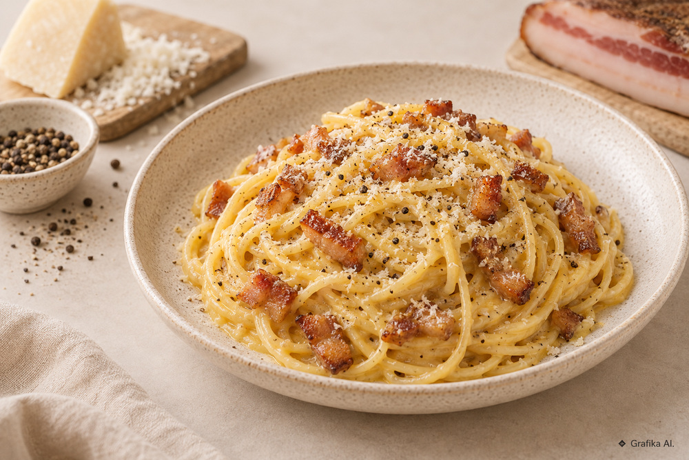 Spaghetti carbonara bez śmietany z guanciale, pecorino i czarnym pieprzem na ceramicznym talerzu.