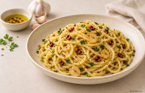 Spaghetti aglio e olio z plasterkami czosnku, chili i natką pietruszki na kremowym talerzu.