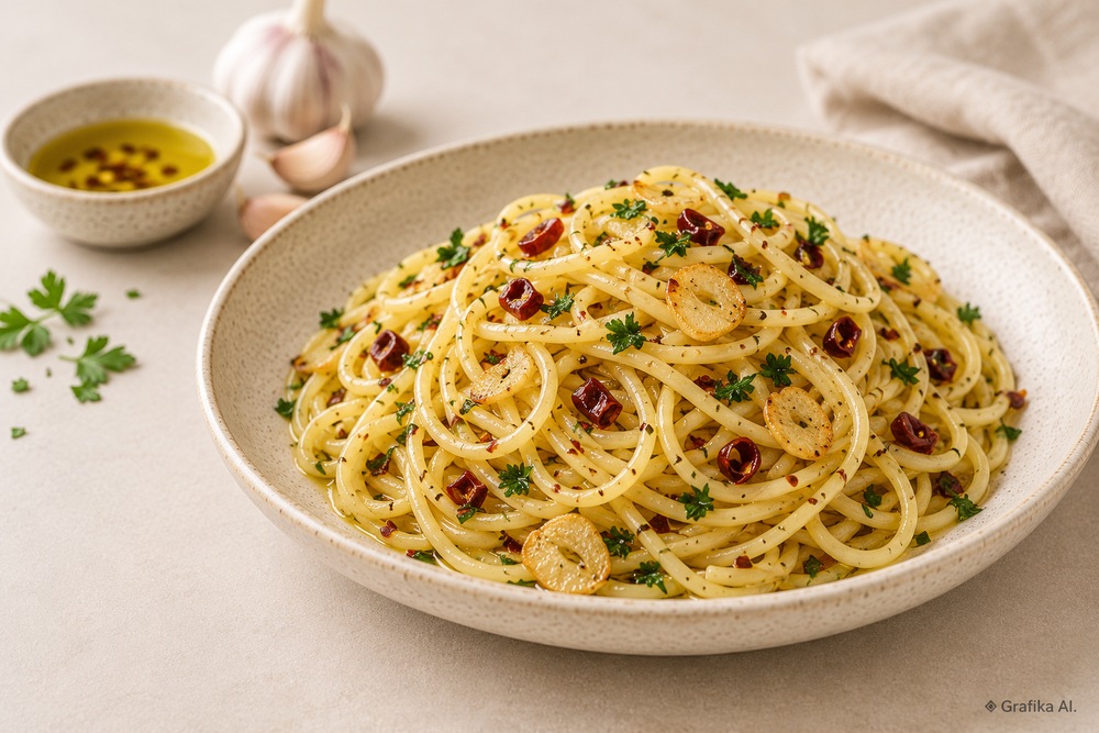 Spaghetti aglio e olio z plasterkami czosnku, chili i natką pietruszki na kremowym talerzu.